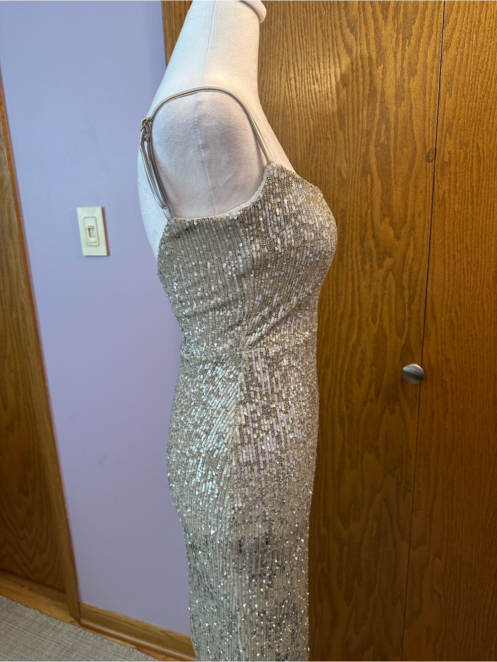 Nookie Lovers Nothings Sequin Spaghetti-Strap Evening Gown in Silver size small. - Picture 5 of 16